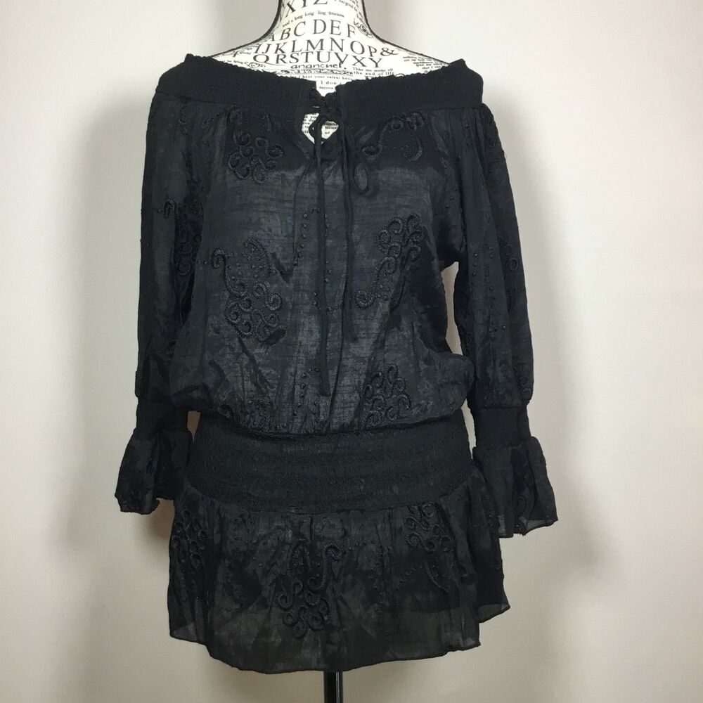 Shiny black on off shoulder top lace up embroidery scroll pattern witchy S